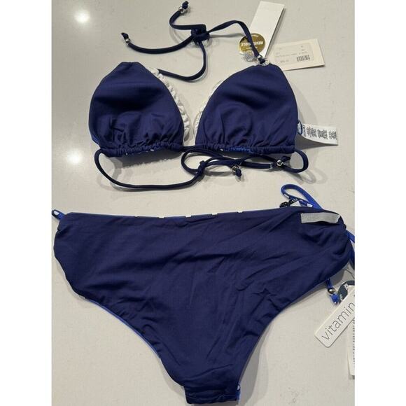 Vitamin A Rio Reversible Bikini Top Bottom Blue Polka Dot 2 Piece Set Retro NEW - Picture 3 of 10